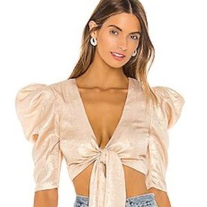 Revolve Lovers + Friends Solane Tie Front Puff Sleeve Top Champagne Color SMALL